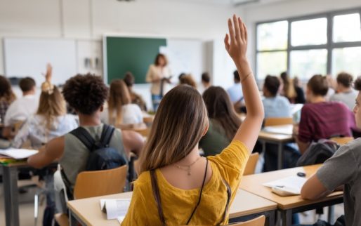 Students in a classroom with one raising hand while the teacher is in front of the chalkboard