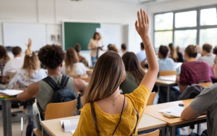 Students in a classroom with one raising hand while the teacher is in front of the chalkboard