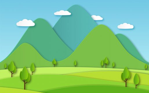 Paper field landscape. Summer landscape with green hills and blue sky, white clouds. Layered papercut creative vector 3d nature ecology graphics earth image