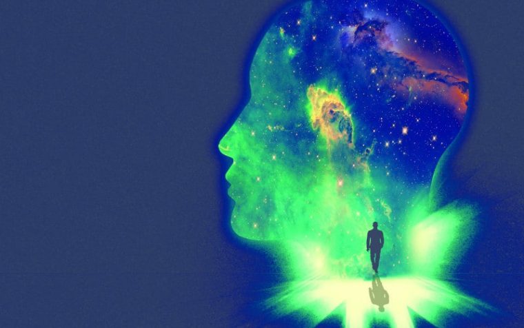 Illustration of a man walking towards a huge shape of a person's head overlaid with an image of the cosmos